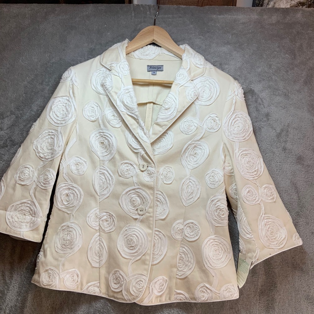 Principe Womens Eggshell White 3D Rosette Floral Applique Blazer Jacket Size 10